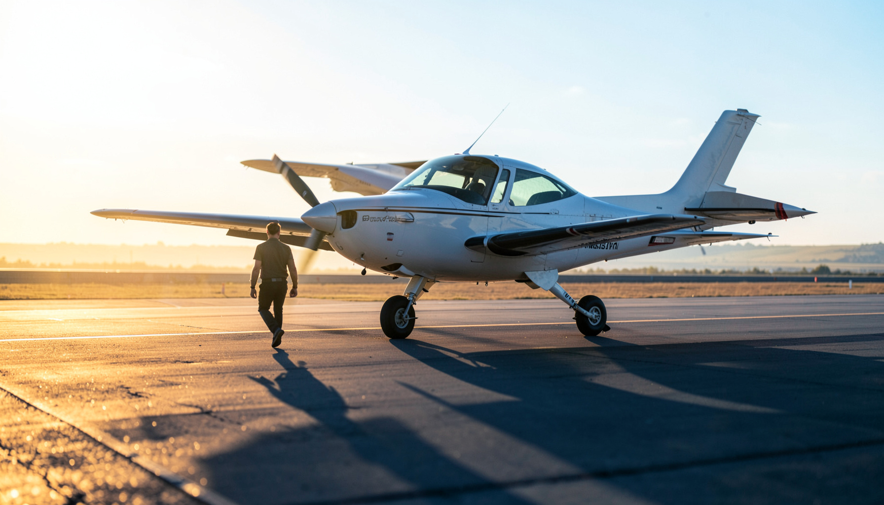 A pilot walking toward a modern single-engine aircraft on a sunlit ramp, warm golden-hour light casting long shadows across the tarmac