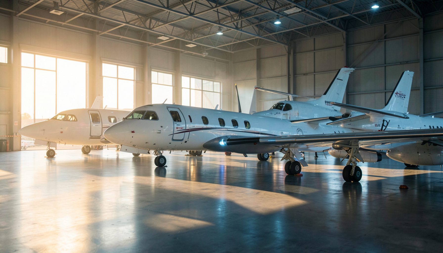 A row of well-maintained aircraft inside a spacious hangar, soft daylight filtering through open doors, clean concrete floor reflecting the warm glow