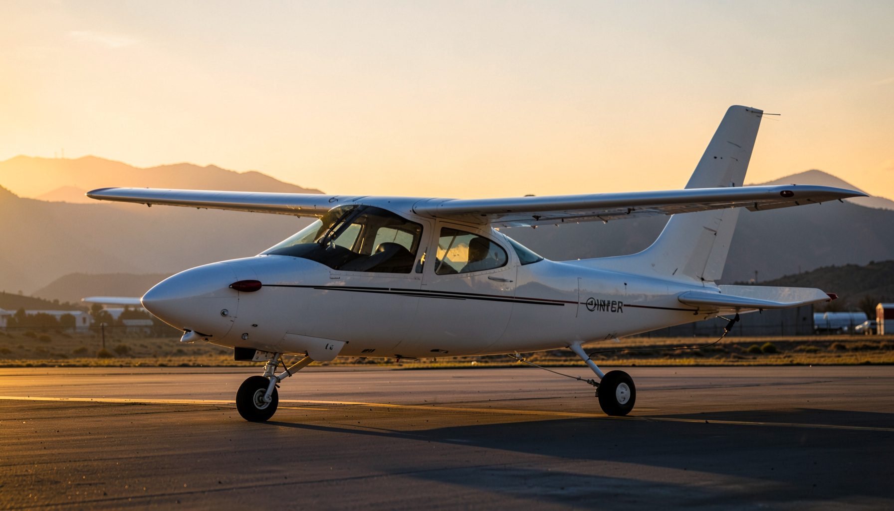 Warm golden-hour photograph of a modern general aviation aircraft on a ramp with the Rocky Mountain foothills silhouetted in the distance under a soft amber sky