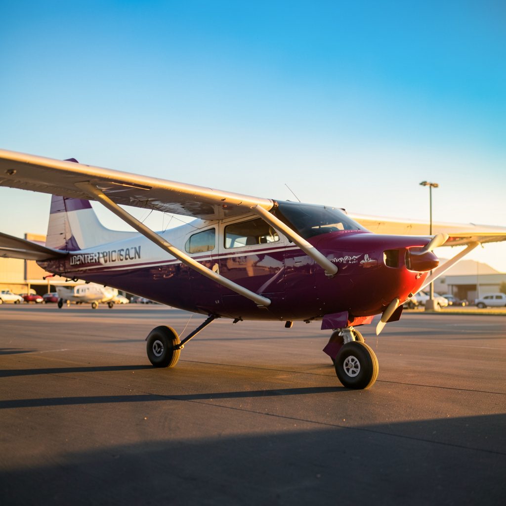 A Cirrus aircraft on the ramp at Centennial Airport under a bright Colorado sky, warm golden light reflecting off the fuselage.