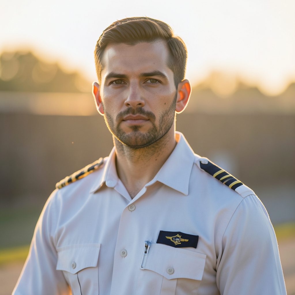 Portrait of a male flight instructor in a pilot shirt, warm golden-hour light, soft background