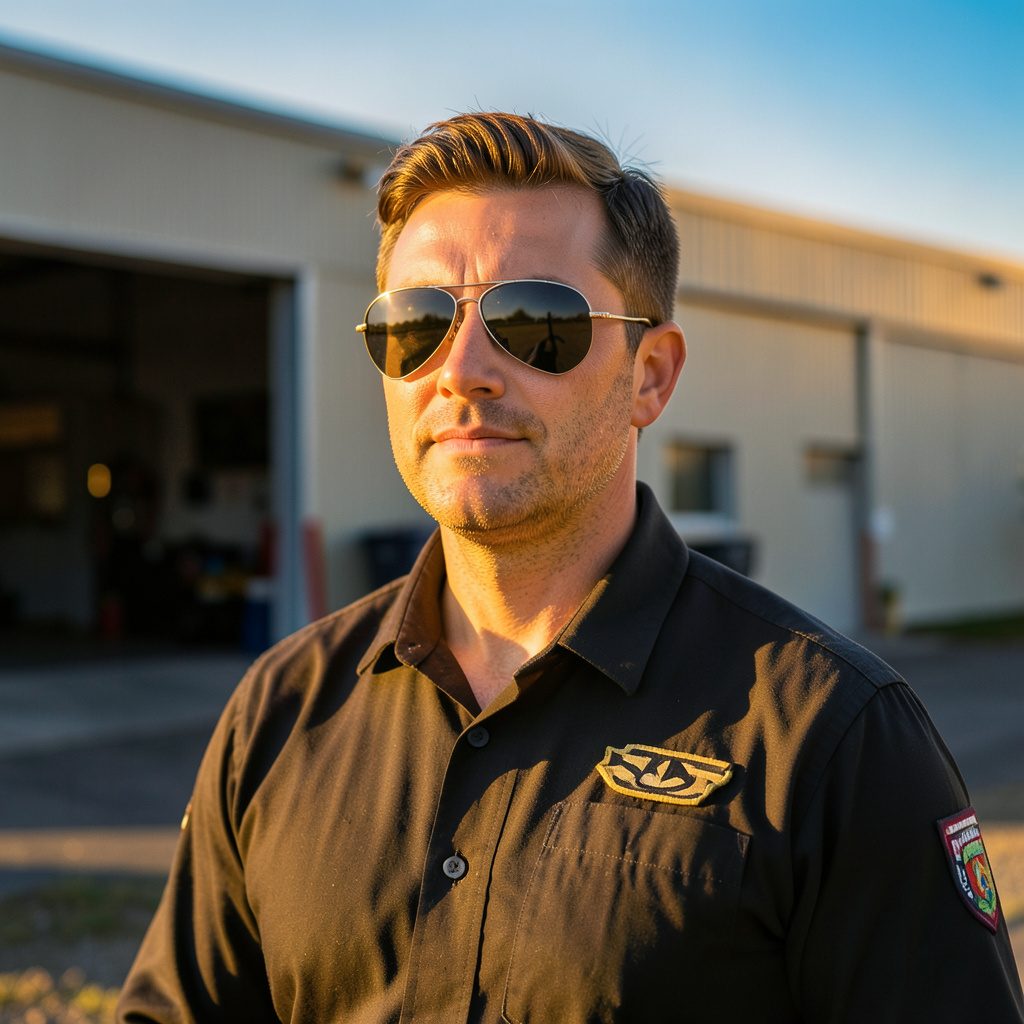 Portrait of a male flight instructor with aviator sunglasses, golden-hour light, outdoors near hangar