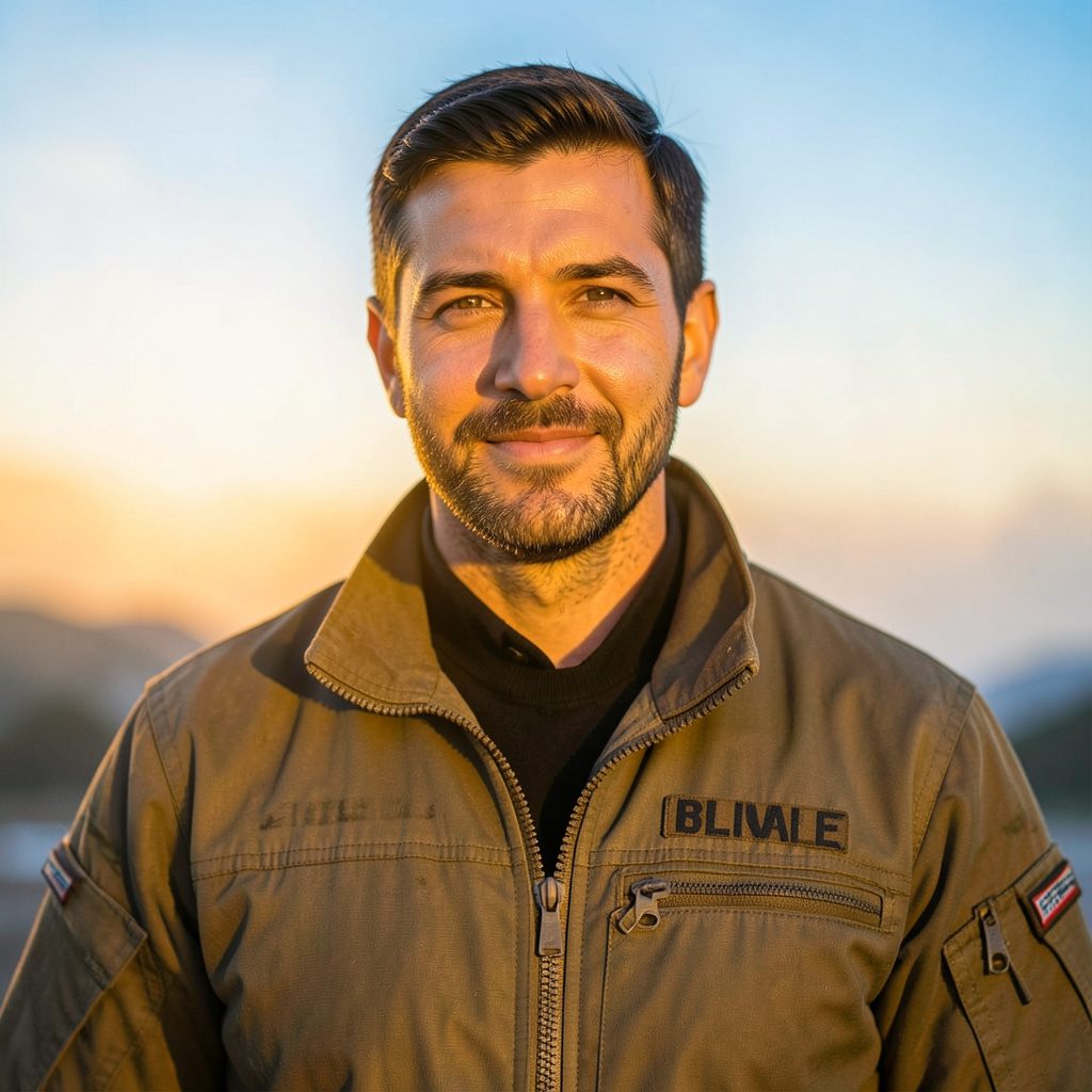 Portrait of a male instructor in a flight jacket, warm golden-hour light, confident expression