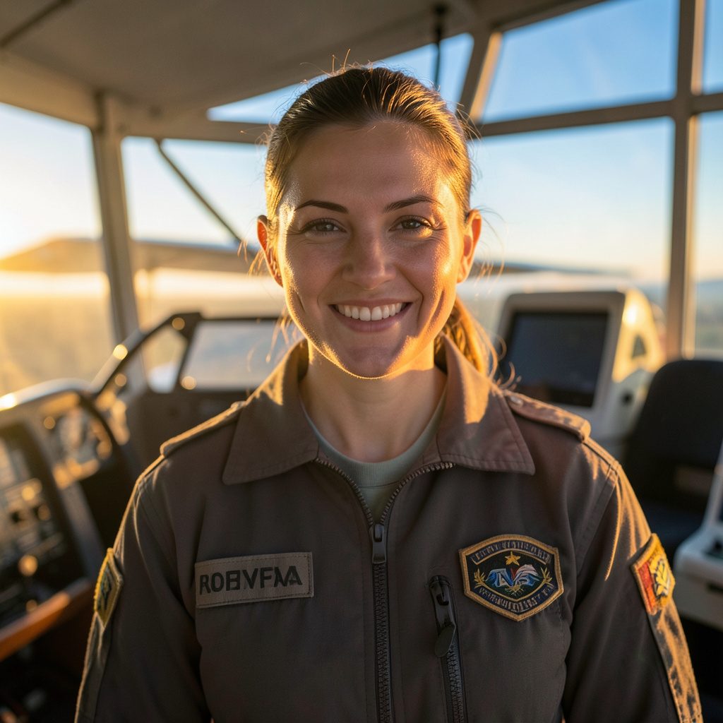 Portrait of a female flight instructor smiling, warm golden-hour light, aviation setting