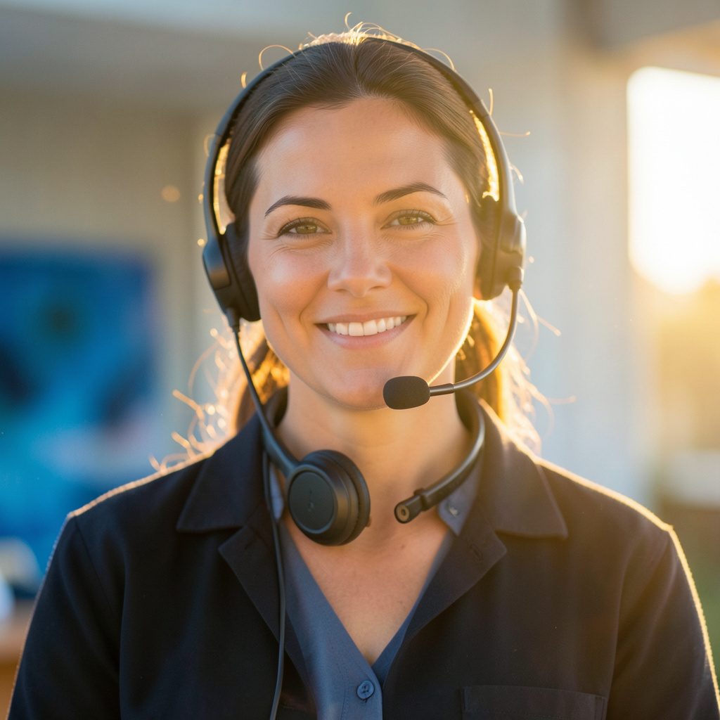 Portrait of a female instructor with headset around neck, golden-hour light, warm and approachable