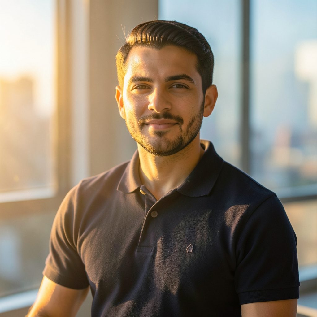 Portrait of a male instructor in a polo shirt, golden-hour light, relaxed and professional