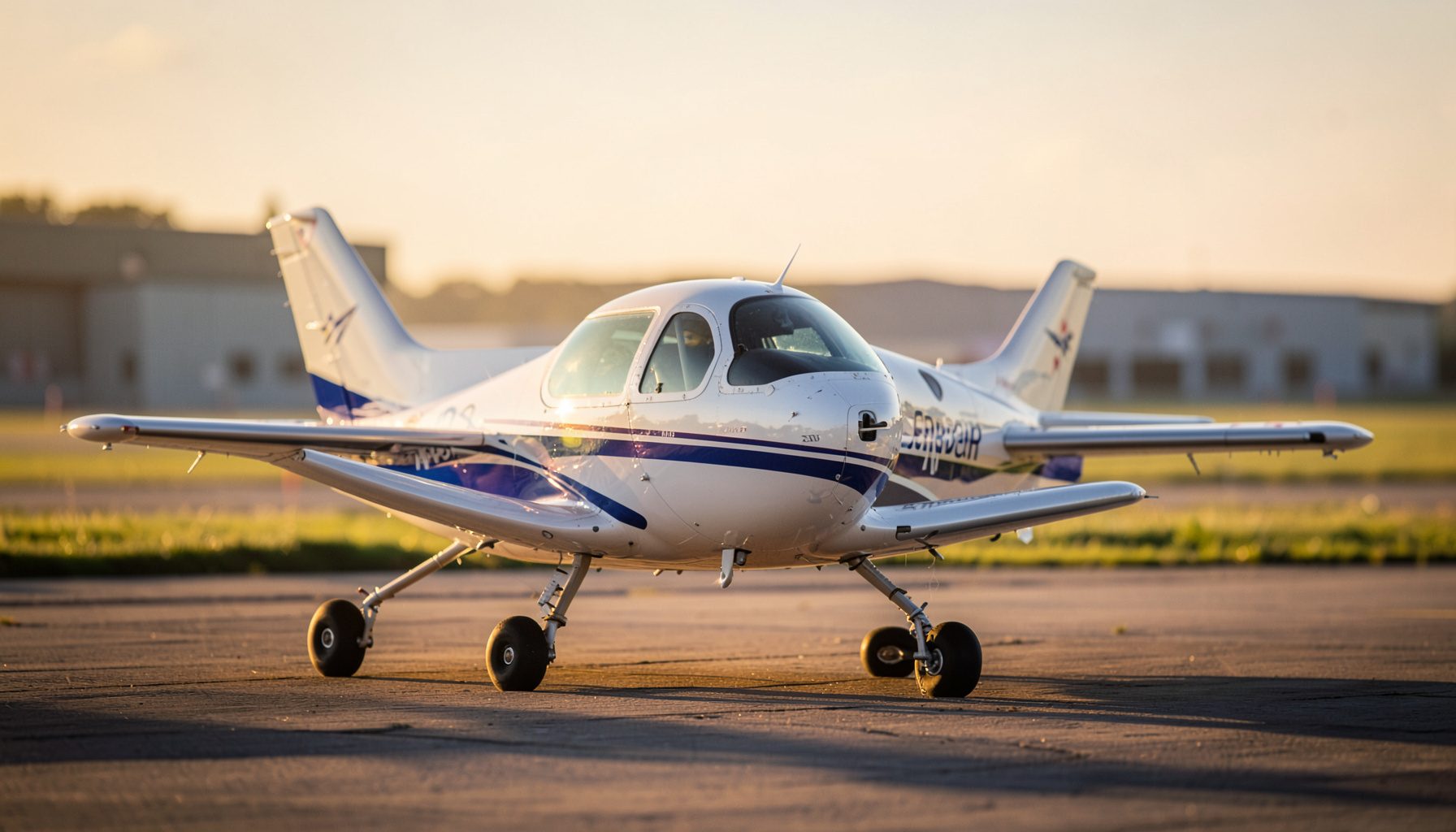 A Cirrus SR20 trainer in white and blue livery, nose pointed toward the runway at golden hour, with distant hangars softly blurred.