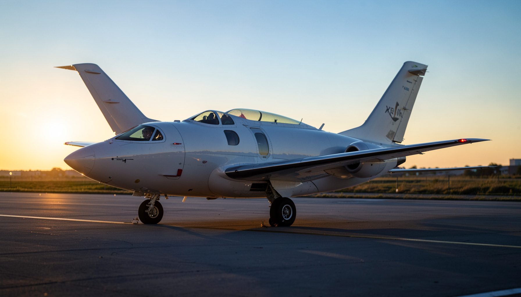 A turbocharged Cirrus SR22T gleaming under warm sunset light on a quiet ramp, its distinctive wingtip and spinner catching the glow.